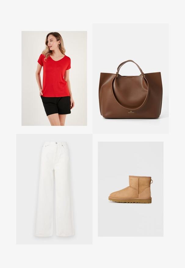 Crème off-shoulder gebreide trui met ribbeltextuur, gecombineerd met een hooggerande zwarte suede rok met een riem en zijaccenten.; Rode V-hals T-shirt in zachte stof met korte mouwen, gecombineerd met zwarte shorts, met een relaxte pasvorm en een minimalistisch ontwerp.; Witte hoge taille wijde pijpen spijkerbroek van denim. Voorzien van zakken aan de voorkant, een knoopsluiting en rafelige zomen.; Tan suède enkellaars met ronde neus, gestikte details, trekhaak aan de achterkant en een gestructureerde rubberen zool. Ontworpen voor comfort en warmte.; Bruine leren tote bag met een gladde textuur, grote ronde handvatten, met een minimalistisch design en een logo dat aan de basis is geperst.