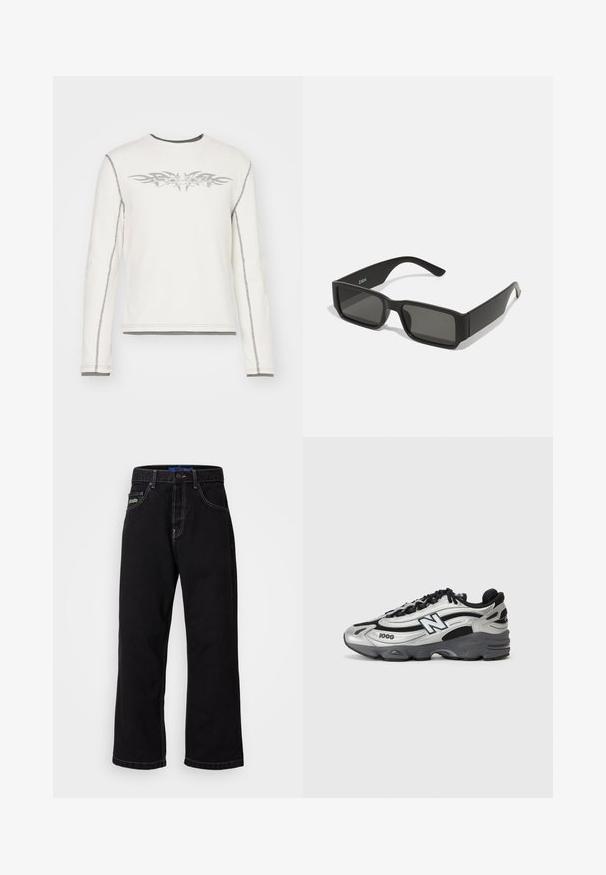 Weißes Langarmhemd mit gerippter Textur, das graue Tribal-Muster auf der Vorderseite und graue Nähte entlang der Nähte und Bündchen aufweist.; Schwarze Denim-Hosen mit geradem Schnitt, ausgestattet mit kontrastierenden Nähten und einer seitlichen Tasche. Auffälliges grünes Logo auf der Vorderseite der linken Tasche.; Silberne und schwarze Sportschuhe mit einem Obermaterial aus Netzgewebe, gepolstertem Sohlendesign, Schnürverschluss und seitlichem Branding-Detail.; Schwarze Sonnenbrille mit rechteckigen Gläsern, mattem Kunststoffrahmen und geraden Kanten. Verfügt über das Markenlogo auf dem inneren Bügel.
