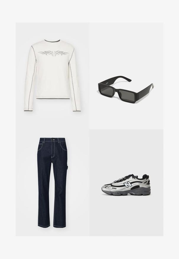 Biała koszula z długim rękawem o prążkowanej strukturze, z szarymi wzorami plemiennymi z przodu i szarym przeszyciem wzdłuż szwów i mankietów.; Granatowe dżinsy o prostym kroju, z pięcioma kieszeniami, kontrastującym stębnowaniem oraz zapięciem na guzik w pasie.; Srebrne i czarne buty sportowe z siateczkową cholewką, amortyzowaną podeszwą, wiązanym zapięciem i bocznym logo.; Czarne okulary przeciwsłoneczne z prostokątnymi soczewkami, matowa plastikowa oprawka i proste krawędzie. Posiadają logo marki na wewnętrznej stronie ramienia.