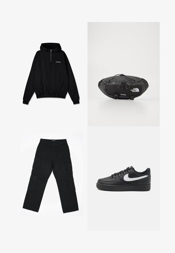Hoodie preto com colarinho de meio zíper, bolso frontal de canguru, punhos e barra canelados, apresentando um logótipo branco "PEGADOR" no peito.; Calças cargo pretas feitas de tecido de algodão. Possui vários bolsos laterais, um design de perna reta e um fecho de botão na cintura.; Tenis Nike Air Force 1 pretos com parte superior em couro liso, detalhe do logo branco, bico perfurado e sola em borracha texturizada.; The North Face TERRA LUMBAR 3L UNISEX - Bolsa de cintura - asphalt grey/black