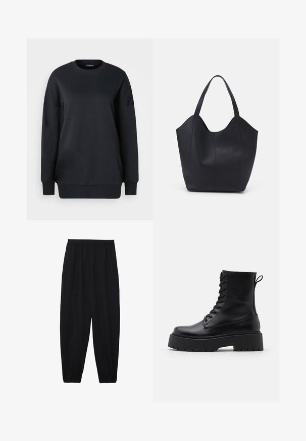 Must kõrvik, mis on valmistatud puuvillast, ümarate kaelustega, pikkade varrukatega ja lõdva istuvusega. Sile tekstuur, ribaga mansetid ja alläär.; Mustad, kerge kangas püksid elastse vöökoha ja kokku volditud pahkluudega. Kanga pind on sile ja disain on lõdvestunud, kitsenev.; Mustad mustad nahast pahkluu saapad ümarate varvastega, nööridega esiosas ja paksu kummist talla ning tekstuuritud mustriga. Tagumine tõmbeaas.; Must must kinnas must rinna, millel on kaarjas avatud ülemine osa, kaks õlarihma ja minimalistlik disain.