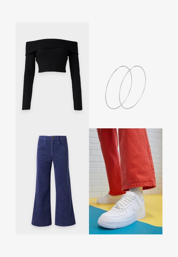 Zwarte off-the-shoulder ribgebreide crop top met lange mouwen, voorzien van een geplooide halslijn en een aansluitende pasvorm.; Marineblauwe flared corduroybroek met een gestructureerd oppervlak, voorzien van voorzakken en een knoopsluiting in de taille.; Witte leren sneaker met geperforeerde teenbox, gestructureerde zool en witte veters, gecombineerd met wijde rode broeken en een blauw-geel achtergrond.; Zilveren hoepel oorbellen met een minimalistisch ontwerp. Cirkelvormig, gladde textuur en dun profiel. Lichtgewicht met een gepolijste afwerking.