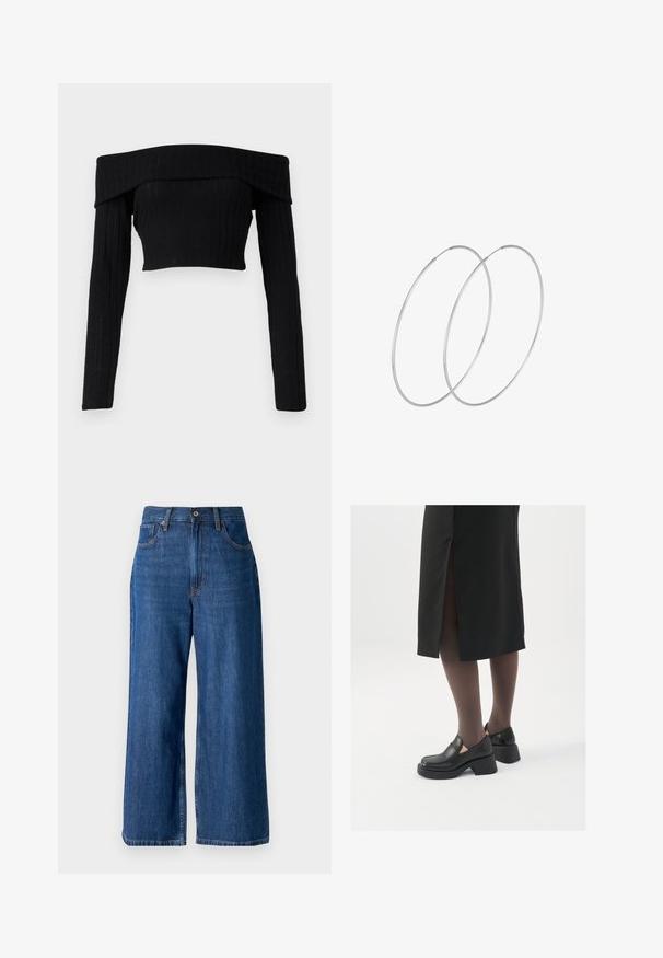 Černý pletený top s dlouhými rukávy a odkrytými rameny, s prehnutým výstřihem a upnutým střihem.; Široké denimové džíny v temně modré barvě s jemným vyblednutím, zipovým zapínáním a předními kapsami. Vyznačují se kontrastním šitím a standardním pasem.; Černé kožené boty s kulatou špičkou, silným blokovým podpatkem a elastickými bočními akcenty, spárované s tmavými punčochami a černou sukní se rozparkem.; Stříbrné kruhové náušnice s minimalistickým designem. Kruh, hladký povrch a tenký profil. Lehká konstrukce s lesklým povrchem.
