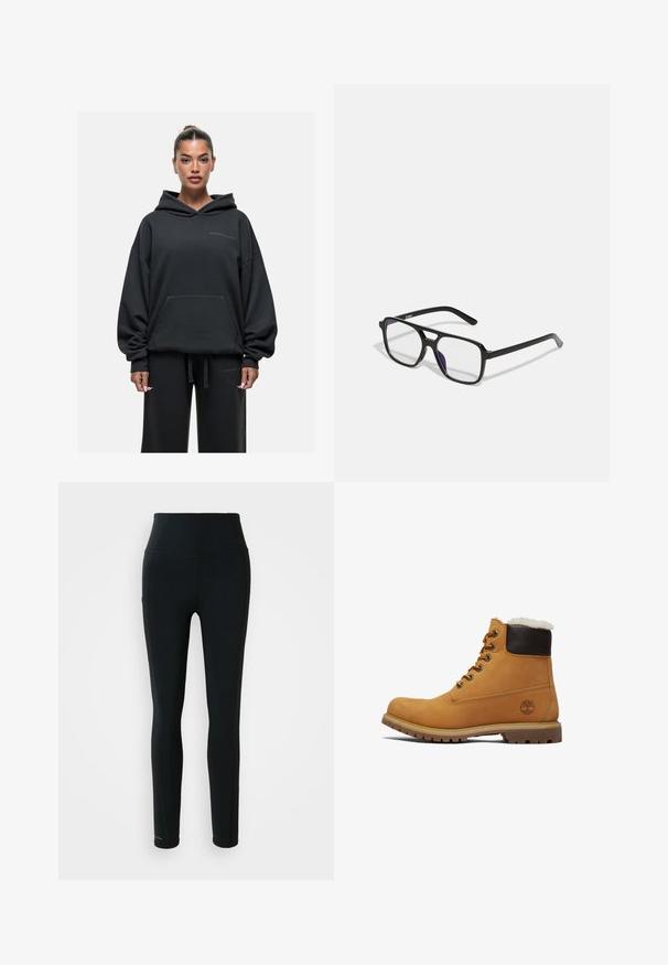 Zwarte oversized hoodie van zacht materiaal, met een kangoeroezak, trekkoord en subtiele reliëfdruk van het logo op de borst.; Zwarte high-waisted sportlegging met zijzak en lange pijpen op een witte achtergrond.; Tan leren enkellaars met een bruine verhoogde kraag, metalen oogjes en een gestructureerde, duurzame zool. Bevat een logo nabij de hak.; Zwarte rechthoekige brillen met heldere lenzen en een subtiele paarse tint, met slanke armen en een minimalistisch ontwerp.