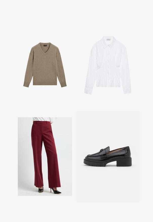 V-hals sweater i lys brun, lavet af blødt materiale. Har ribbede manchetter og kant, med en afslappet pasform og lange ærmer.; Hvid langærmet bluse med klassisk krave, knaplukning foran og samlede side detaljer. Glat stof med en skræddersyet form.; Bordeaux bredde bukser med en glat tekstur, høj talje og forsigtige folder, parret med sorte højhælede sko.; Sorte læder loafers med en lav blokhæl, rund tå, dekorativ rem og struktureret syning på overdelen. Glat overflade.