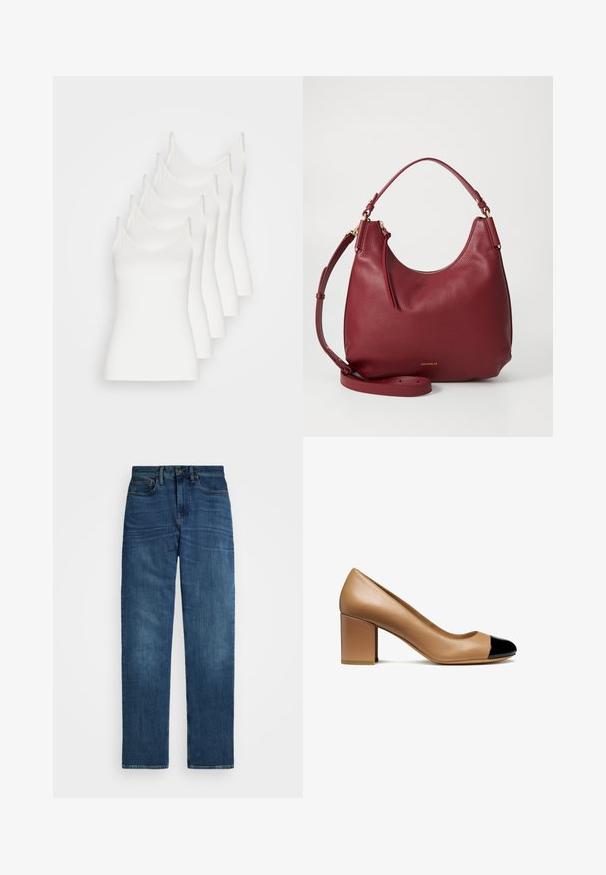 V-hals trui in lichtbruin, gemaakt van zacht materiaal. Heeft rib gebreide manchetten en zoom, met een relaxed fit en lange mouwen.; Vijf witte topjes met dunne bandjes, gemaakt van een zachte stof, met een aansluitend ontwerp en zonder opvallende versieringen.; Donkerblauwe denim jeans met een rechte snit, enkel knoopsluiting en standaard riemlussen. Heeft subtiele vervaging en een klassieke vijf-pocket ontwerp.; Beige leren pump met een ronde teen en een zwarte lakkap, voorzien van een blokhak en een gladde textuur.; Hobo-tas in dieprood gestructureerd leer, met een gouden rits, een verstelbare schouderband en een subtiele logo-accent aan de basis.; Zilveren oorbellen in de vorm van een gladde, gepolijste ring. Ronde vorm met een veilige kliksluiting. Lichtgewicht ontwerp, geschikt voor dagelijks gebruik.