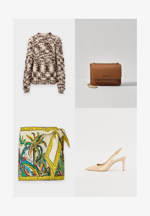 Henrik Vibskov SWEATER - Pulóver - brown bongo; Selyem sál színes trópusi mintával, pálmalevelekkel és madarakkal. Sárga szegélye van, rajta a "ÜDVÖZÖLJÜK AZ EMERALD COVE-BAN" felirattal.; Meztelen lakkbőr pántos magassarkú, hegyes orral, nyitott elejű és vékony tűs sarkú. A pánton egy kör alakú arany dísz található.; Barna textúrájú bőr keresztbody táska arany lánc pánttal és fedélzárral. Az elején logó részlet és egy zseb található a fedél alatt.