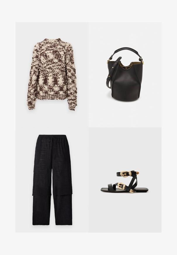 Henrik Vibskov SWEATER - Jumper - brown bongo; Henrik Vibskov SHANTS PANTS - Trousers - black; Black leather sandals with gold buckle accents, featuring multiple straps and a flat sole design for open-toe wear.; Black leather bucket bag with a textured finish, gold hardware accents, and an open top. Features a short handle and adjustable shoulder strap.
