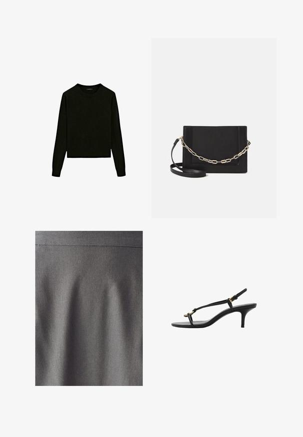 Maglione nero a maglia con scollo rotondo, maniche lunghe e design cropped. Realizzato in un materiale morbido con una texture liscia.; Tessuto grigio con una texture liscia e uniforme. Un sottile lucido mette in evidenza linee pulite e pieghe, indicando un design strutturato. Nessun motivo o stampa visibile.; Sandal con zeppa kitten nera in pelle, con sottili cinturini, fibbia dorata e una minimalista fascetta per le dita su sfondo bianco.; Borsa a tracolla nera in pelle con una texture liscia, forma rettangolare e dettaglio in catena metallica sul davanti. Inclusa una tracolla regolabile.