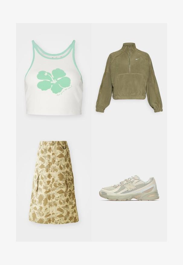 Olive rohelise fliispullover, millel on pool tõmblukk, esitasku ja Nike logo. Omab elastseid mansette ja diskreetseid õmbluse aktsente.; Valge lühike topp mina rohelise äärega ja ees suure mintroheline hibiskuse lille graafikuga, mille all on käsitsi kirjutatud tekst.; Khaki seelik, millel on kamuflaažimuster, valmistatud siledast materjalist, elastse vöökoha ja kahe küljetaskuga.; Kerged jõusaalisneakerid, millel on beezist ja kreemist koonus, silmatorkava "N" logoga, pehme tallaga ja tekstuursete aktsentidega.