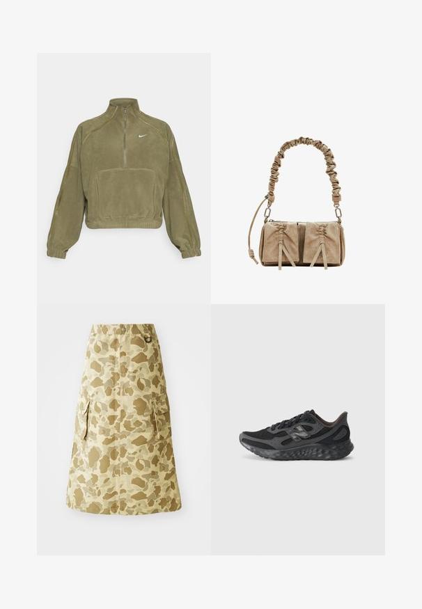 Alkuni žalias flisinis megztinis su pusiau užtrauktuku, priekiu kišene ir Nike logotipu. Yra elastingi rankogaliai ir subtilūs siūlių akcentai.; Kakio sijonas su kamufliažo raštu, pagamintas iš lygaus audinio, su elastine juosta ir dviem šoniniais kišenėmis.; Juodas sportinis batelis su tinklo ir sintetinio paviršiaus, apvalia nosimi, paminkštintu padu ir raištelių sistemos. Išsiskiria tekstūruotu paviršiumi.; Kreminės suedinių rankinės su susiraukšlėjusiu audinio rankena, dviem priekinėm kišenėm su susiraukšlėjusiais uždarymais ir subtiliais tekstūros akcentais.