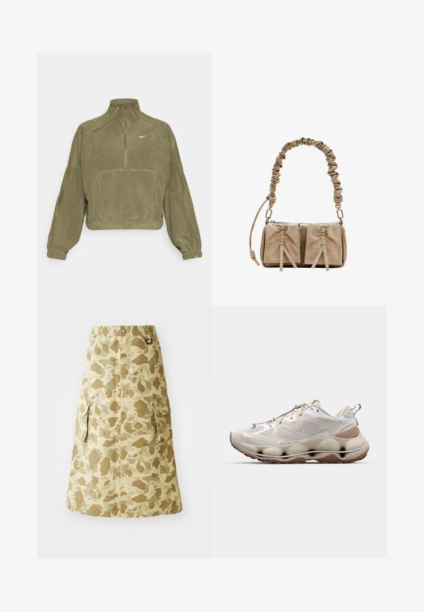 Olivgrüner Fleece-Pullover mit halbem Reißverschluss, Fronttasche und Nike-Logo. Verfügt über elastische Bündchen und subtile Nähte.; Kaki-Rock mit Camouflage-Muster, aus einem glatten Material gefertigt, mit elastischem Taillenbund und zwei seitlichen Taschen.; Leichte weiße Sneaker verfügen über ein Mesh-Obermaterial, strukturierte Akzente, eine dicke, sculpted Sohle und eine Gummisohle mit einem braunen Profil.; Beige Wildleder-Handtasche mit einem gerafften Stoffgriff, zwei vorderen Taschen mit Zugverschluss und subtilen Texturakzenten.