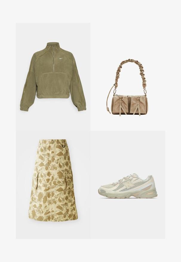 Olijfgroene fleece pullover jas met een halve rits, een zak aan de voorkant en het Nike-logo. Voorzien van elastische boorden en subtiele naadaccenten.; Khaki rok met een camouflagepatroon, gemaakt van een glad materiaal, met een elastische tailleband en twee zijzakken.; Lichte sneakers met een bovenwerk van mesh in beige en crème, met een opvallend "N"-logo, een gevoerde zool en textuuraccenten.; Beige suede handtas met een gathered stofhandvat, twee voorkanten met cinched sluitingen en subtiele textuurelementen.