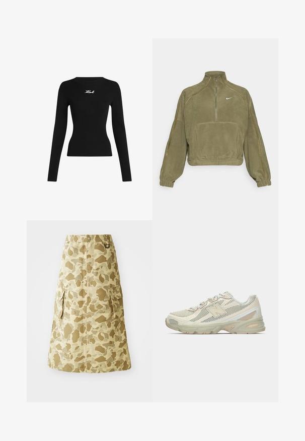Olivengrønn fleece genserjakke med halv glidelås, frontlomme og Nike-logo. Har elastiske mansjetter og subtile sømdetaljer.; Svart ribbestrikket langermet topp med rund hals. Har en hvit brodert logo på forsiden. Tettsittende silhuett.; Kaki skjørt med kamuflasjemønster, laget av et glatt materiale, med elastisk linning og to sidelommer.; Lette sneakers med overdel av mesh i beige og krem, med et fremtredende "N"-logo, polstret såle og teksturerte detaljer.