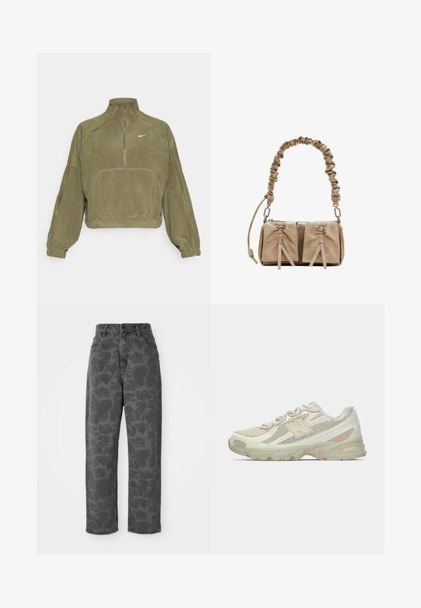 Veste polaire vert olive à demi fermeture éclair, avec une poche avant et le logo Nike. Dotée de poignets élastiques et de coutures discrètes.; Jean en denim gris avec un motif floral, taille haute, coupe droite et design classique à cinq poches. Tissu durable avec une légère texture.; Baskets légères avec une tige en maille beige et crème, arborant un logo "N" bien visible, une semelle rembourrée et des accents texturés.; Sac à main en suède beige avec une anse en tissu froncé, deux poches avant avec des fermetures resserrées et des accents de texture subtils.