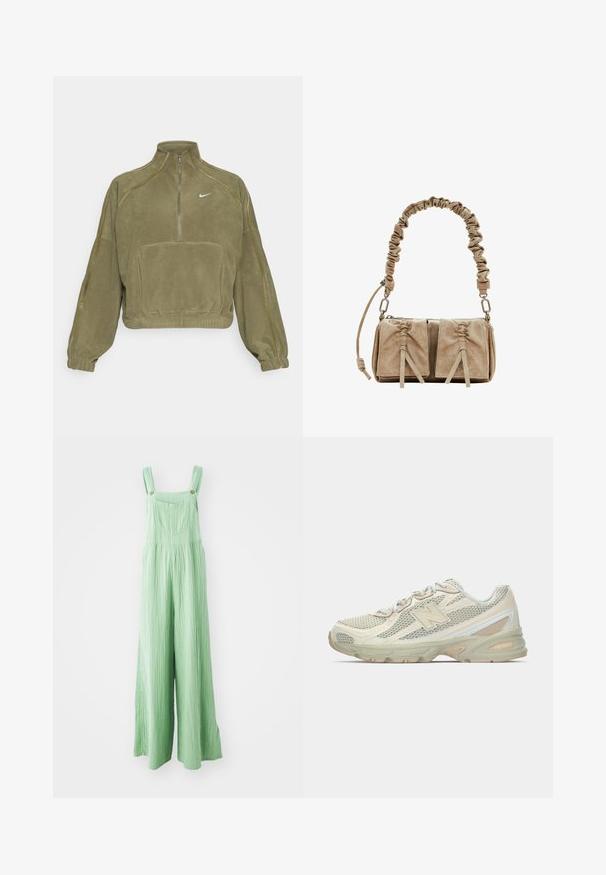Oliwkowy polarowy sweter z półzamkiem, przednią kieszenią i logo Nike. Posiada elastyczne mankiety oraz subtelne akcenty szwów.; Zielone ogrodniczki z szerokimi nogawkami wykonane z teksturowanej tkaniny, z regulowanymi ramiączkami i przednimi kieszeniami z mosiężnymi guzikami.; Lekki obuwie sportowe z siateczkowym wierzchem w odcieniach beżu i kremu, z wyraźnym logo "N", amortyzującą podeszwą oraz teksturowanymi akcentami.; Beżowa torebka z zamszu z marszczonym uchwytem z materiału, dwoma przednimi kieszeniami z ciasnym zapięciem oraz subtelnymi akcentami tekstury.