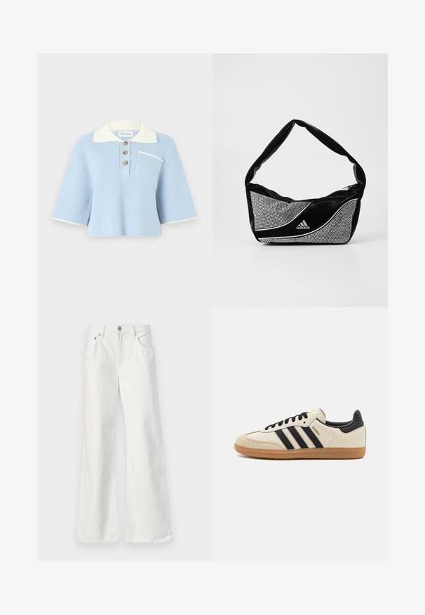 Ανοιχτό μπλε πλεκτό πουλόβερ με κοντά μανίκια, με ριμπ ύφανση, κρεμ γιακά, τρία καφέ κουμπιά και μια μικρή τσέπη στο στήθος.; Λευκά τζιν με φούντα και ψηλή μέση, πεντα-pocket σχέδιο και ορατή ραφή. Διαθέτει μεταλλικό κουμπί και φερμουάρ.; Μπεζ αθλητικό παπούτσι με μαύρες ρίγες, σόλα από καουτσούκ γκουμερο και μαύρες λεπτομέρειες. Διαθέτει λείο δέρμα στο επάνω μέρος και στρογγυλή σχεδίαση στη μύτη.; Μαύρη και ασημί τσάντα adidas με λεία υφή, που διαθέτει μια λαμπερή ακανόνιστη σχέδια και μια χαρακτηριστική καμπύλη σχεδίαση.