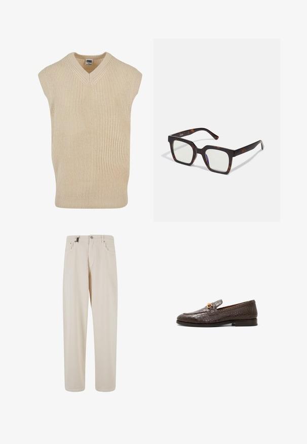 Urban Classics Sweter; Biała, długosleeve koszula zapinana na guziki, wykonana z gładkiego materiału. Posiada klasyczny kołnierzyk, guziki z przodu oraz mankiety zapinane na jeden guzik. Slim fit.; Beżowe bawełniane spodnie w prostym kroju, z przednimi kieszeniami i zapięciem na guzik. Gładka tekstura z minimalnymi detalami.; Ciemnobrązowy mokasyn ze skóry w wzór krokodylej ze złotą metalową klamrą i niskim, warstwowym obcasem, widok z boku na białym tle.; Kwadratowe okulary przeciwsłoneczne z oprawką z acetatu w wzór żółwia i przezroczystymi soczewkami. Posiadają szerokie zauszniki i matowe wykończenie, co zwiększa ich ogólną trwałość.; Srebrny pierścionek z owalnym, teksturowanym szlifem z wypukłym elementem dekoracyjnym. Złożone detale otaczają centralny wzór.