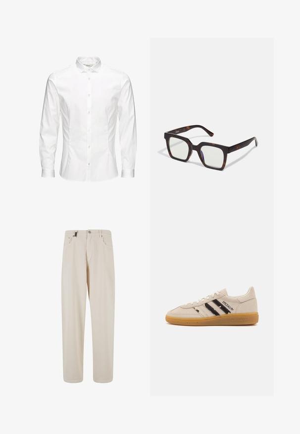 Urban Classics Maglione - softseagrass; Camicia bianca a maniche lunghe con bottoni, realizzata in un tessuto liscio. Caratterizzata da un colletto classico, bottoni frontali e polsini con un bottone. Design slim fit.; Pantaloni in cotone beige con design a gamba dritta, dotati di tasche anteriori e chiusura a bottone. Texture liscia con dettagli minimi.; Sneaker in suede beige con strisce nere e testo "Spezial", dotata di suola in gomma texturizzata e design classico con lacci.; Occhiali da sole quadrati con montatura in acetato tartarugato e lenti trasparenti. Presentano tempie larghe e una finitura opaca, che migliora la durabilità complessiva.; Anello in tonalità argento con una montatura ovale e testurizzata, caratterizzato da un elemento decorativo in rilievo. Dettagli intricate circondano il design centrale.