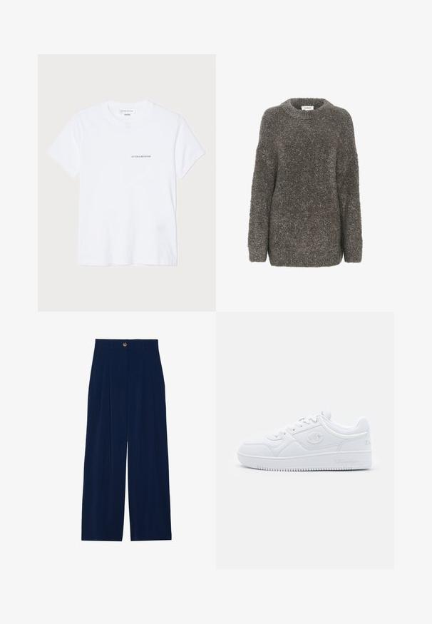 Szürke, textúrált pulóver kerek nyakkivágással, hosszú ujjakkal és laza fazonnal. Puha, bolyhos anyagból készült, egyszerű dizájnnal.; Fehér pamut póló rövid ujjakkal, kerek nyakkal és egy apró fekete "VICTORIA BECKHAM" logóval a mellrészen. Minimalista dizájn.; Sötétkék, széles lábú nadrág, puha anyagból készült, elöl redőkkel, gombos záródással és két oldalsó zsebbel.; Fehér sneaker sima szintetikus anyagból, kerek orral, lapos talppal, és diszkrét logó dekorációval az oldalán. Klasszikus alacsony fazon.