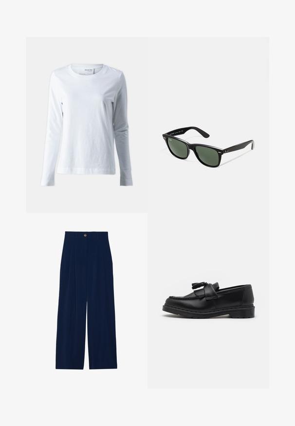 Pulover gri, texturat, cu guler rotund, mâneci lungi și croială lejeră. Fabricat dintr-un material moale și pufoș, având un design simplu.; Tricou alb cu mâneci lungi, fabricat din bumbac moale. Are un decolteu rotund și mâneci ajustate. Textură fină cu un design simplu.; Pantaloni largi de culoare bleumarin, din material moale, cu pliseuri frontale, închidere cu nasture și două buzunare laterale.; Mocasini din piele neagră, cu un accent cu franjuri, detalii cusute pe margine și o talpă groasă din cauciuc pentru durabilitate.; Ochelari de soare din plastic negru cu lentile verzi, rame pătrate, accent argintiu pe sprânceană și brațe texturate. Marca este menționată pe brațul interior.