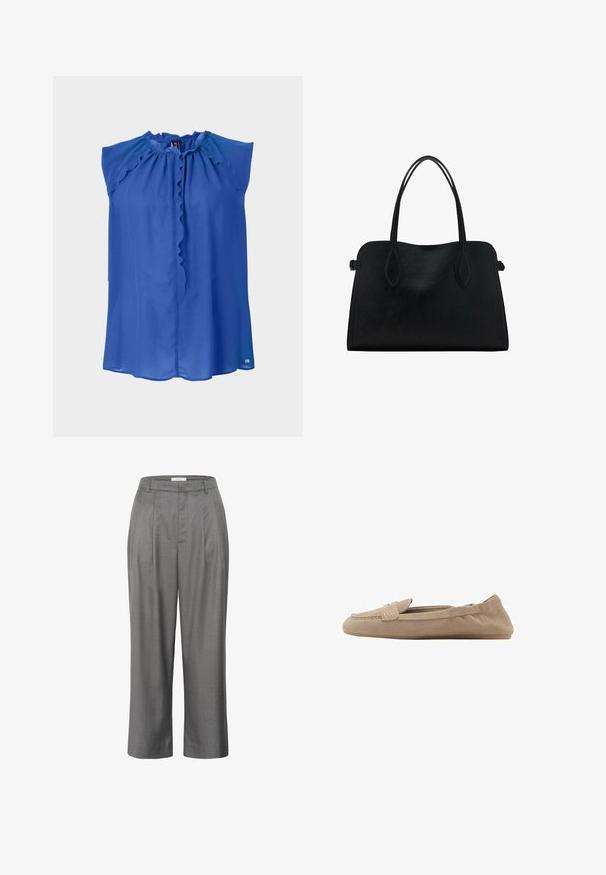 Grauer, kürzerer Pullover aus weichem, flauschigem Material. Mit langen Ärmeln und rundem Ausschnitt, sowie einer glatten, leichten Textur.; Blaue ärmellose Bluse mit Rüschenausschnitt, glatter Textur und etwas lockerer Passform. Verfügt über einen Knopfverschluss und ein dezentes Logo am Saum.; Graue maßgeschneiderte Hose mit geradem Schnitt, ausgestattet mit einem plissierten Vorderteil, glattem Stoff und einem klassischen Taillendesign.; Beige Wildleder Slipper mit flacher Sohle, die eine glatte Textur, dezente Nähte und ein schlüpfbares Design ohne sichtbare Beschläge aufweisen.; Schwarze Lederhandtasche mit zwei Schulterriemen, rechteckiger Form und minimalistischem Design auf weißem Hintergrund.
