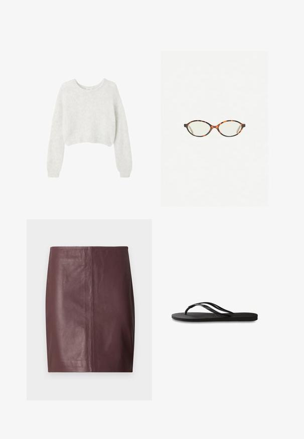 Grijze cropped trui gemaakt van zacht, fuzzy materiaal. Heeft lange mouwen en een ronde halslijn, met een gladde, lichte textuur.; Witte katoenen T-shirt met een ronde hals, korte mouwen en een licht gestructureerd oppervlak. Geen zichtbare patronen of hardware.; Donkere bruine leren kokerrok met een rechte, gladde voorkant en subtiele verticale naaddetails in het midden.; Zwarte flip-flop met een gestructureerde rubberen zool, twee slanke banden en een subtiele, ingedrukte logo-detail op de band.; Kattenoogbril met ovale lenzen en een strakke, gladde afwerking. Heeft dunne zijkanten met een subtiele kromming bij de slapen. Transparante lenzen.