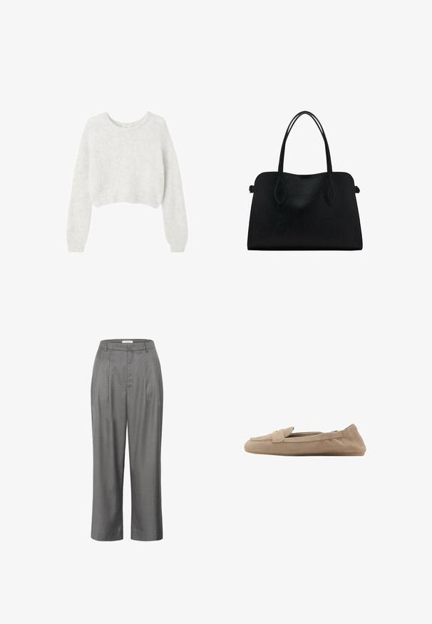 Šedý skrátený sveter vyrobený z mäkkého, nadýchaného materiálu. Obsahuje dlhé rukávy a okrúhly výstrih, s hladkou, ľahkou textúrou.; Biela bavlnená tričko s okrúhlym výstrihom, krátkymi rukávmi a mierne textúrovaným povrchom. Žiadne viditeľné vzory ani kovania.; Sivé nohavice na mieru so rovnom strihom, s preloženým predným dielom, hladkou textúrou látky a klasickým dizajnom pásu.; Béžové semišové mokasíny s plochou podrážkou, s hladkou textúrou, jemným prešívaním a dizajnom na obúvanie bez viditeľných kovových prvkov.; Čierna kožená kabelka s dvojitými popruhmi na rameno, obdĺžnikový tvar a minimalistický dizajn na bielom pozadí.