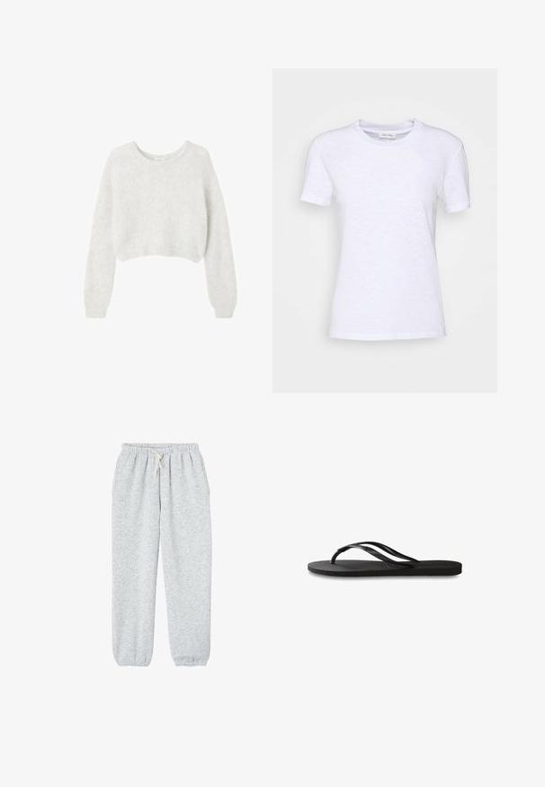 Pelēks īss džemperis, izgatavots no mīksta, pūkaina materiāla. Tam ir garas piedurknes un apaļa kakla izgriezuma forma, ar gludu, vieglu tekstūru.; Balts kokvilnas T-krekls ar apaļu kaklu, īsām piedurknēm un nedaudz teksturētu virsmu. Nav redzamu rakstu vai detaļu.; Pelēkas sporta bikses, izgatavotas no mīksta auduma, ar elastīgu jostu un auklu, kā arī elastīgiem aprocēm pie potītēm.; Melni čības ar teksturētu gumijas zoli, divām plānām siksniņām un smalku, iespiedotu logotipa detaļu uz siksniņas.