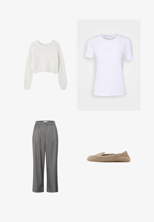 Gray cropped sweater made from soft, fuzzy material. Features long sleeves and a round neckline, with a smooth, lightweight texture.; White cotton t-shirt with a crew neck, short sleeves, and a slightly textured surface. No visible patterns or hardware.; Gray tailored trousers with a straight fit, featuring a pleated front, smooth fabric texture, and a classic waistband design.; Beige suede loafers with a flat sole, featuring a smooth texture, subtle stitching, and a slip-on design without visible hardware.