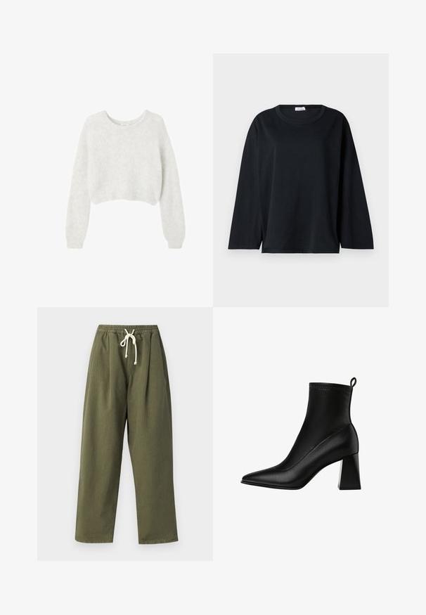 Šedý krátký svetr vyrobený z měkkého, chlupatého materiálu. Má dlouhé rukávy a kulatý výstřih, s hladkou a lehkou texturou.; Černé dlouhé rukávové tričko z bavlny s kulatým výstřihem, volným střihem a postranními rozparky na lemu pro snadný pohyb.; Olivově zelené, kalhoty s širokými nohavicemi a elastickým pasem s bílým šňůrkou na stažení. Látka má jemnou žebrovanou strukturu.; Stradivarius STRETCH - Kotníkové boty - black