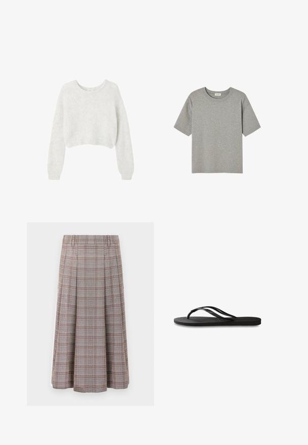 Maglione grigio corto realizzato in materiale morbido e peluche. Presenta maniche lunghe e un collo tondo, con una texture liscia e leggera.; T-shirt grigia a maniche corte in morbido cotone, con scollo rotondo e vestibilità rilassata, priva di motivi o dettagli evidenti.; Gonna midi plissettata con un motivo a quadri marrone e grigio, realizzata in un tessuto testurizzato. Presenta una vita regolabile e arriva fino al polpaccio.; Infradito neri con suola in gomma testurizzata, due cinghie sottili e un sottile dettaglio del logo impresso sulla cinghia.