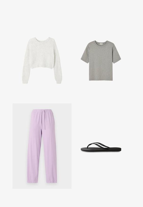 Sivi skraćeni pulover od mekog, dlačastog materijala. Ima duge rukave i okrugli izrez, s glatkom, laganom teksturom.; Sivi kratki rukav T-shirt od mekanog pamuka, koji se odlikuje okruglim izrezom i opuštenim krojem bez istaknutih uzoraka ili akcenata.; Svijetloplave trenirke izrađene od mekog materijala s elastičnim pojasom i podesivom čipkom; suženi kroj nogavica.; Crne japanke s teksturiranom gumenenom potplatom, dva uska remena i suptilnim, urezanim logom na remenu.