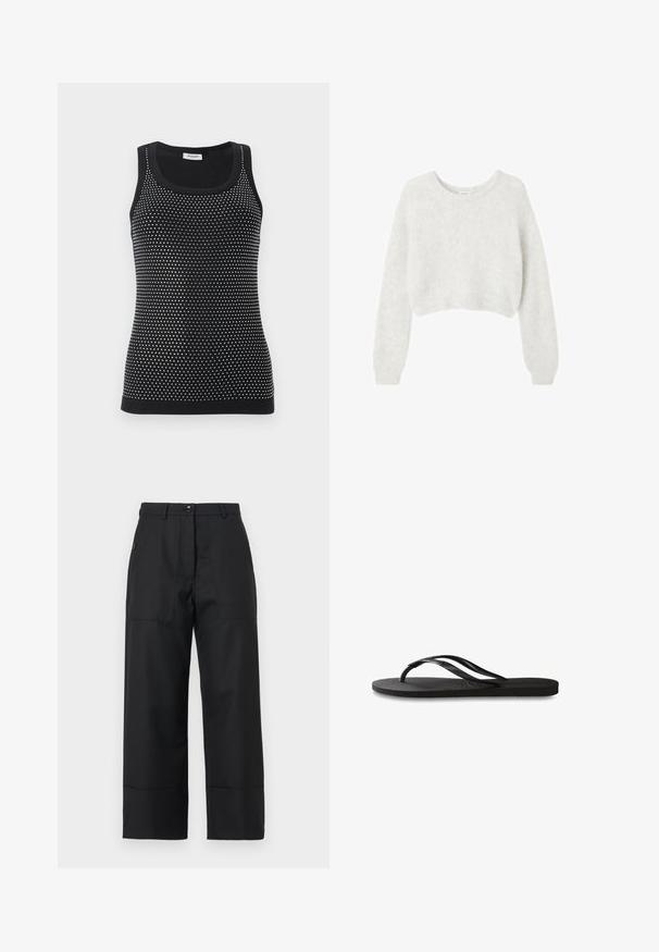 Gray cropped sweater made from soft, fuzzy material. Features long sleeves and a round neckline, with a smooth, lightweight texture.; Black tank top featuring a fitted design with a textured pattern of small white dots. Ribbed neckline and hem accents.; Black wide-leg trousers made of smooth fabric. Features a button closure, front pockets, and clean lines. Hem is slightly flared.; Black flip-flop featuring a textured rubber sole, two slender straps, and a subtle, embossed logo detail on the strap.