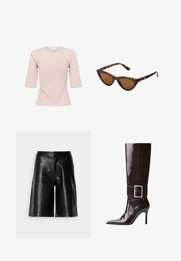 Šedý krátký svetr vyrobený z měkkého, chlupatého materiálu. Má dlouhé rukávy a kulatý výstřih, s hladkou a lehkou texturou.; Světlé růžové tričko s kulatým výstřihem a tříčtvrtečními rukávy, vyrobené z měkkého materiálu, s přiléhavým střihem a hladkou texturou.; Černé kožené šortky s hladkou texturou, které mají přední kapsy, zip a upravený střih.; Tmavě hnědá kožená vysoká bota do kolen s špičatou špičkou, jehlovým podpatkem a širokým páskem s velkou obdélníkovou stříbrnou sponou.; Sluneční brýle ve stylu kočičích očí s černo-oranžovým želvovinovým rámem, hnědými skly a elegantními, špičatými konci. Obsahují minimalistické logo na straně.