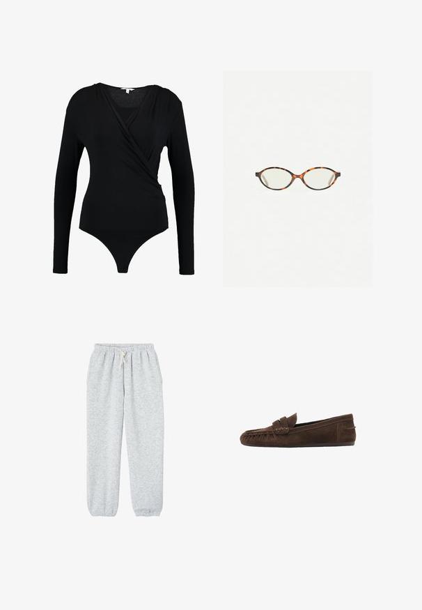 Grauer, kürzerer Pullover aus weichem, flauschigem Material. Mit langen Ärmeln und rundem Ausschnitt, sowie einer glatten, leichten Textur.; Schwarzer Langarm-Bodysuit mit Wickeldesign, das eine glatte Textur und einen tiefen V-Ausschnitt bietet. Der Boden hat einen Tanga-Schnitt.; Graue Sweatpants aus weichem Stoff, mit einem elastischen Bund und einem Kordelzug sowie elastischen Bündchen an den Knöcheln.; Braune Wildleder-Mokassins mit einer strukturierten Oberseite, ausgestattet mit einer geflochtenen Akzentuierung und einer flachen Sohle, entworfen für lässigen Komfort und angenehmes Tragen.; Schildpatt-Eyegläser mit ovalen Gläsern und einer eleganten, glatten Oberfläche. Mit dünnen Seiten und einer subtilen Kurve an den Schläfen. Klare Gläser.
