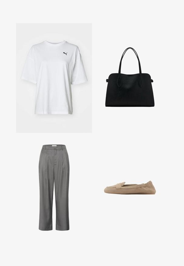 Šedý skrátený sveter vyrobený z mäkkého, nadýchaného materiálu. Obsahuje dlhé rukávy a okrúhly výstrih, s hladkou, ľahkou textúrou.; Biela bavlnená tričko s okrúhlym výstrihom, krátkymi rukávmi a čiernym logom Puma na ľavej strane hrudníka.; Sivé nohavice na mieru so rovnom strihom, s preloženým predným dielom, hladkou textúrou látky a klasickým dizajnom pásu.; Béžové semišové mokasíny s plochou podrážkou, s hladkou textúrou, jemným prešívaním a dizajnom na obúvanie bez viditeľných kovových prvkov.; Čierna kožená kabelka s dvojitými popruhmi na rameno, obdĺžnikový tvar a minimalistický dizajn na bielom pozadí.