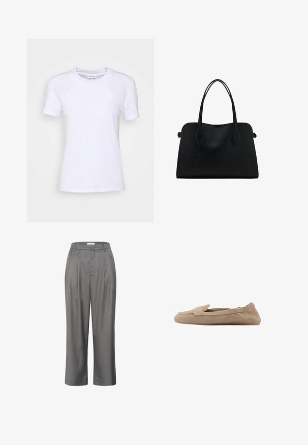 Siv krojen pulover izdelan iz mehkega, puhastega materiala. Ima dolge rokave in okrogel izrez ter gladko, lahko teksturo.; Bela bombažna majica s krojem okoli vratu, kratkimi rokavi in rahlo teksturirano površino. Brez vidnih vzorcev ali dodatkov.; Sive hlače s krojem naravnost, ki imajo nabran sprednji del, gladko teksturo tkanine in klasično zasnovo pasu.; Bež svetleče loafers s ravnim podplatom, ki imajo gladko teksturo, diskretno šivanko in zasnovo za obuvanje brez vidnih dodatkov.; Črna usnjena torbica z dvema naramnima trakoma, pravokotne oblike in minimalističnim dizajnom na beli podlagi.