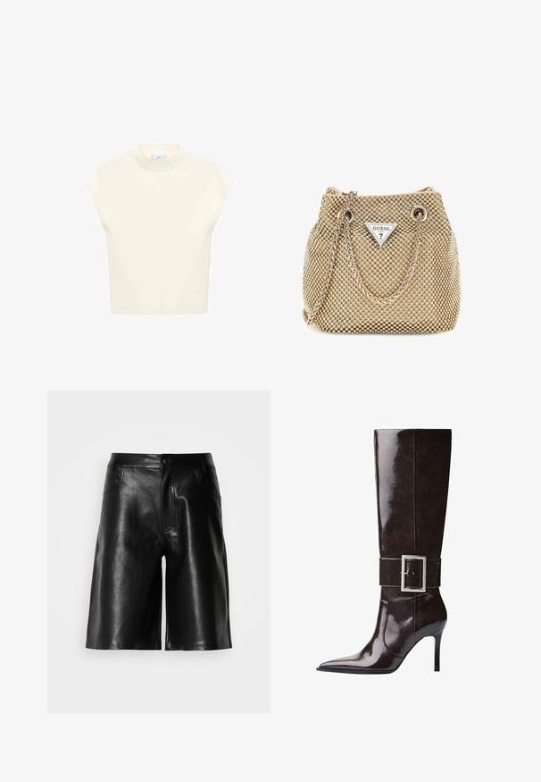 Grijze cropped trui gemaakt van zacht, fuzzy materiaal. Heeft lange mouwen en een ronde halslijn, met een gladde, lichte textuur.; Korte mouwen, licht crèmekleurig topje met een ronde hals, gemaakt van zachte stof. Heeft een ontspannen pasvorm en een gladde textuur, geschikt om te dragen in laagjes.; Zwarte leren shorts met een gladde textuur, voorzien van zijzakken, een ritsgulp en een op maat gemaakte pasvorm.; Donkerbruin leren kniebots met een spitse neus, stilettohak en een brede band met een grote rechthoekige zilveren gesp.; Gouden handtas met gestructureerde stof, ronde metalen studs, een driehoekige logo-plaat en een kettinghengsel met ronde metalen oogjes.