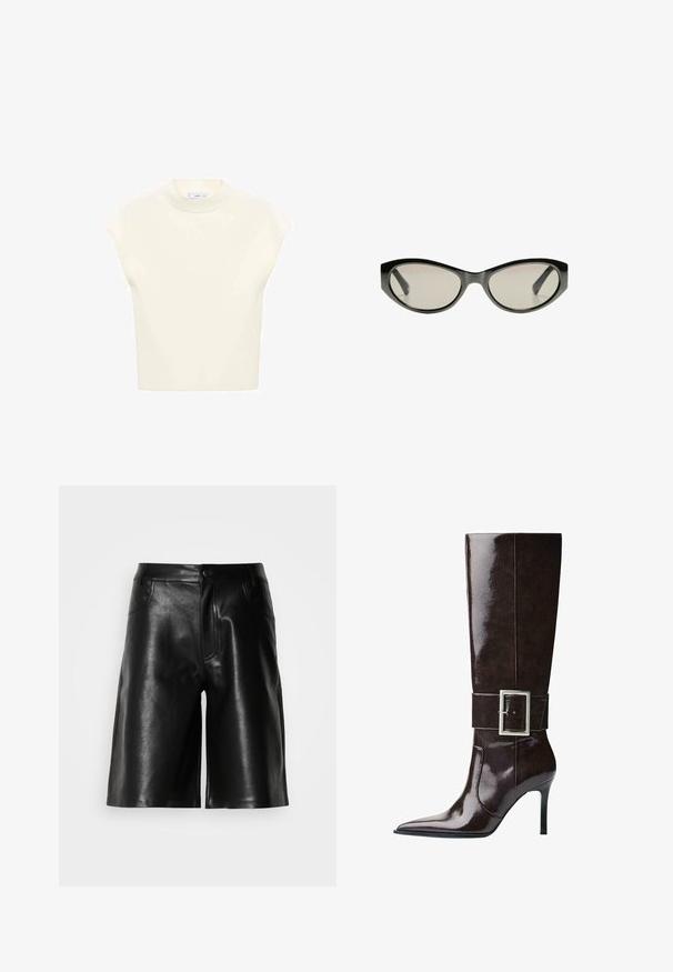 Grå kortärmad tröja gjord av mjukt, fluffigt material. Har långa ärmar och en rund halsringning, med en slät, lätt textur.; Kortärmad, ljuskrämfärgad topp med rund hals, tillverkad av mjukt tyg. Har en avslappnad passform och slät textur, vilket gör den lämplig för lager-på-lager-stil.; Svarta lädershorts med en smidig yta, med framfickor, dragkedja och skräddarsydd passform.; Mörkbrun knähög läderstövel med spetsig tå, stilettklack och bred rem med stort rektangulärt silverspänne.; Svarta cat-eye solglasögon med gråtonade linser. Plastbågen har skarpa kanter och en slät, blank yta.