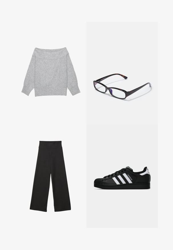 Lichtgrijze gebreide trui met wijde hals die van de schouders af valt, lange mouwen en geribbelde boorden aan mouwen, zoom en brede halslijn.; Zwarte wijde broek met hoge elastische tailleband, zachte stof en een losse pasvorm, geschikt voor casual wear of ontspannen omgevingen.; Zwarte Adidas Superstar sneaker met witte strepen, schelpneus en 'Superstar' tekst aan de zijkant, afgebeeld in zijaanzicht op een witte achtergrond.; Rechthoekige bril met een schildpadpatroon, zwart kunststof montuur en transparante glazen. Voorzien van dunne pootjes en een lichte buiging aan de uiteinden.
