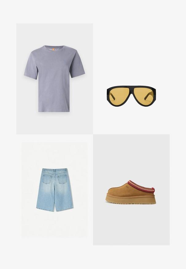 Brun strikket sweater lavet af blødt stof, med rund hals, korte ærmer og en afslappet pasform. Teksturfinish med en glat overflade.; Kortærmet t-shirt i lysegrå stof med rund halsudskæring. Har et lille broderet logo på brystet. Blød og glat tekstur.; Lyseblå denimshorts med en afslappet pasform, der har to baglommer og en lige ben design. Ren kant og blød tekstur.; Brune ruskinds slip-on sko med røde og cremefarvede mønstrede kanter, tekstureret sål og UGG-logo på siden. Har en let platformhøjde.; Sunglasses med en slank sort plastisk ramme og gule tonede linser, med en karakteristisk vinkelret form og brede stigegler for ekstra dækning.; Vævet tan håndtaske med et rundt håndtag, fremstillet af blødt læder. Har en lynlåslukning og et intrikat kurvmønster.