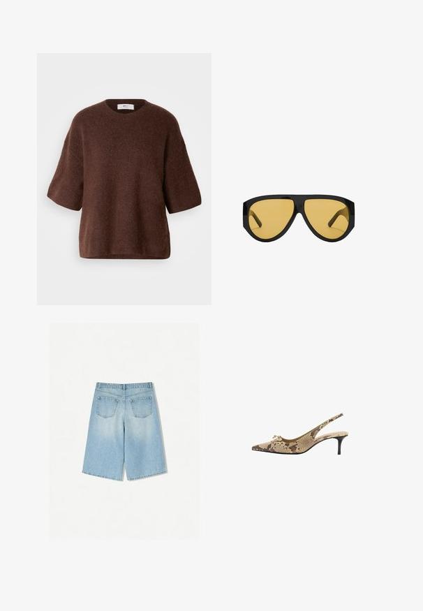 Hnedý pletený sveter vyrobený z mäkkej tkaniny, s okrúhlym výstrihom, krátkymi rukávmi a voľným strihom. Štruktúrovaný povrch s hladkou textúrou.; Svetlomodré džínsy s voľným strihom, s dvoma zadnými vreckami a rovnými nohavicami. Čistý lem a jemná textúra.; Mango Klasické lodičky na opätku - beige; Slnečné okuliare s elegantným čiernym plastovým rámom a žltými tónovanými sklami, s výrazným uhlovým tvarom a širokými spánkami pre zvýšenú ochranu.; Tkaná hnedá kabelka s zaoblenou rukoväťou, vyrobená z mäkkej kože. Obsahuje zips a zložitý vzor košíčkového tkania.