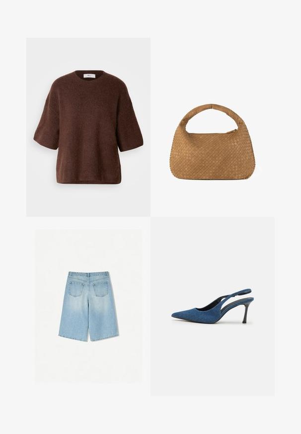 Hnedý pletený sveter vyrobený z mäkkej tkaniny, s okrúhlym výstrihom, krátkymi rukávmi a voľným strihom. Štruktúrovaný povrch s hladkou textúrou.; Svetlomodré džínsy s voľným strihom, s dvoma zadnými vreckami a rovnými nohavicami. Čistý lem a jemná textúra.; Modré deninové lodičky na opätku s úzkym čiernym opätkom a textúrovaným textilným zvrškom. Dizajn s otvorenou zadnou časťou.; Tkaná hnedá kabelka s zaoblenou rukoväťou, vyrobená z mäkkej kože. Obsahuje zips a zložitý vzor košíčkového tkania.; Anna Field LEATHER - Rukavice - black