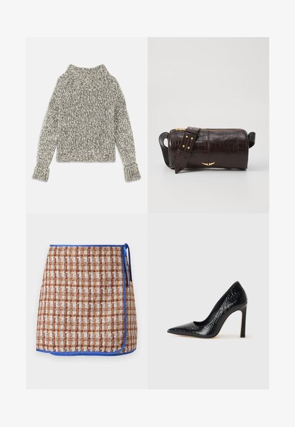 Kremi ir pilkai tonai purūs megztinis. Su plačiu raištiniu apykaklės ir rankovių kraštu, dėvėtojų siluetas ir tekstūrinis raštas visame megztinyje.; Audinio surišama sijonas rudos ir baltos languotos raštos su mėlynu kraštu. Yra šoninis surišimas ir tekstūruota medžiaga papildomam akcentui.; Juoda smailiakulnė aukšto kulno bateliai su krokodilo odos tekstūra, pasižymintys elegantišku dizainu, aukštu stiletu kulnu ir lygia juoda vidine dalimi.; Ruda krokodilo odspaudo odinė rankinė cilindro formos, su auksinėmis detalėmis ir nuimamu dirželiu, papuoštu studelėmis.