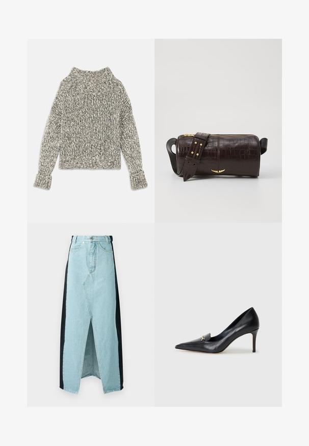 Chunky knit sweater in cream and grey hues. Features a wide ribbed collar and cuffs, with a boxy shape and textured pattern throughout.; Denim skirt combining light blue and black materials, featuring a front slit, high waist, and structured design with standard button closure.; Black leather pump with a pointed toe, low-cut vamp, and a decorative gold accent. Features a stiletto heel and smooth texture.; Brown crocodile-embossed leather bag with a cylindrical shape, gold-tone hardware, and a detachable strap featuring studs.