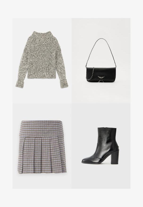 Paksu kudumipusaku kreemjas ja hallides toonides. Omab laia soonikkoesid ja mansette, ruudukujuline vorm ning tekstureeritud muster kogu ulatuses.; Kortsärgi seelik pruunis, beežis ja sinises ruudulises mustris. Valmistatud tekstuuriga kangast, millel on sobituv vöökoht ja dekoratiivsed voldid.; Must kõvale nahast pahklipsu saapad, millel on sile tekstuur, terav varvas ja paks kõrge kann. Omab külgavatust ja minimalistlikku disaini.; Mustvalge nahk käekott hõbedase ahelsanga ja dekoratiivsete tiivaaktsentidega, samuti valgete õmblustega alumises ühenduses.