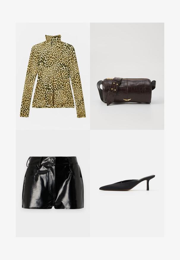 Flauschiger Strickpullover in Creme- und Grautönen. Mit einem breiten, gerippten Kragen und Bündchen ausgestattet, hat er eine kastige Form und ein strukturiertes Muster über die gesamte Fläche.; Langarm-Turtleneck-Shirt im Leopardenmuster. Ausweiches, dehnbare Stoff mit einem gelb-schwarzen Farbmuster. Figurbetonte Passform.; Schwarze, glänzende Shorts aus synthetischem Material. Mit einem taillierten Bund, Gürtelschlaufen und vorderen Taschen mit auffälligen Nähdetails.; Schwarze spitz zulaufende Mule mit einem eleganten Design, aus glattem Material gefertigt, verfügt über einen schmalen Absatz und eine offene Ferse für ein einfaches An- und Ausziehen.; Braune, krokodilgeprägte Lederhandtasche mit zylindrischer Form, goldfarbener Hardware und einem abnehmbaren Tragegurt mit Nieten.