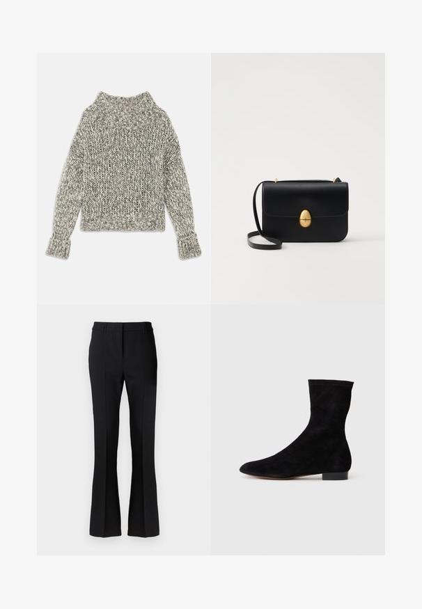 Tömény kötésű pulóver krém és szürke árnyalatokban. Széles bordás gallérral és mandzsettákkal rendelkezik, dobozos formájú, és textúrázott mintázat díszíti.; Fekete, harangszárú nadrág sima anyagból, testreszabott derékrésszel és elülső gyűrődéssel, a szorosabb vonalvezetés érdekében tervezve.; Fekete velúr bokacsizma, illeszkedő szárral, hegyes orral és alacsony blokk sarokkal. Simább felület és minimalista dizájn, amely sokoldalú stílushoz megfelelő.; Fekete bőr kézitáska, struktúrált, téglalap alakú formával. Arany ovális kapoccsal és vékony vállpánttal rendelkezik. Sima textúrájú.