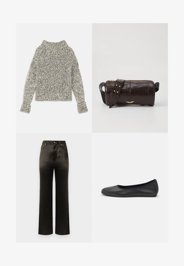 Chunky gebreide trui in crèmekleurige en grijze tinten. Beschikt over een brede geribde kraag en manchetten, met een boxy pasvorm en een gestructureerd patroon.; Zwarte satijnen gebieden met wijde pijpen en een hoge taille, voorzien van voorzakken en metalen knoopaccenten. Glad oppervlak en slank ontwerp.; Zwarte leren ballerina met een ronde neus, gladde textuur, minimale stikdetails en een flexibele zoolontwerp.; Bruine krokodil-embosserende leren tas met een cilindervorm, gouden hardware en een afneembare schouderband met studs.